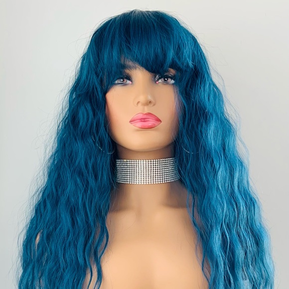 Long 36” Indigo Blue Premium Synthetic Wig with Bangs - Picture 10 of 13